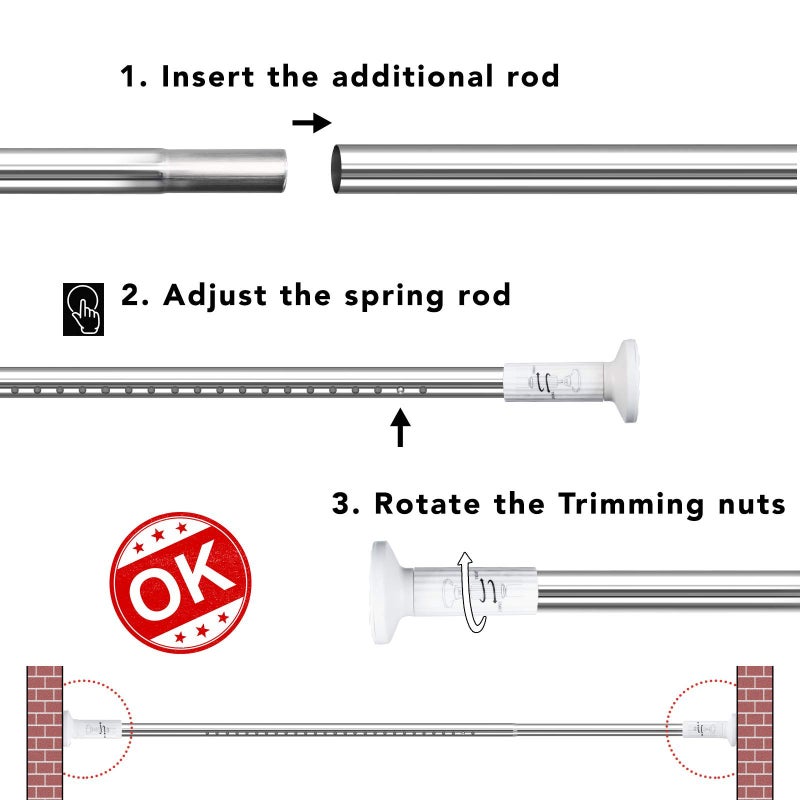 Umimile Tension Curtain Rod, 51-126 inch Adjustable Spring Shower Tension Curtain Rod, Stainless Steel Closet Rod for Windows or Shower, No Drilling, No Rust, Easy to Install - Image 4